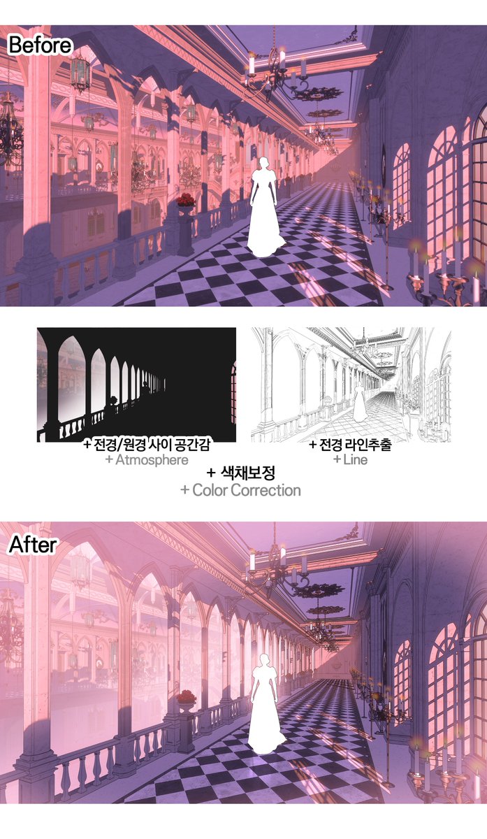 nalpacaa's tweet photo. ✍️수업 중 시연으로 잠시 보여드렸던 배경 보정방식입니다! 전경과 원경을 분리하는것만으도 2D 스타일이 확 살기에 항상 분리해서 추출/렌더하는 걸 추천합니다💪 https://t.co/rwzln2uLzr