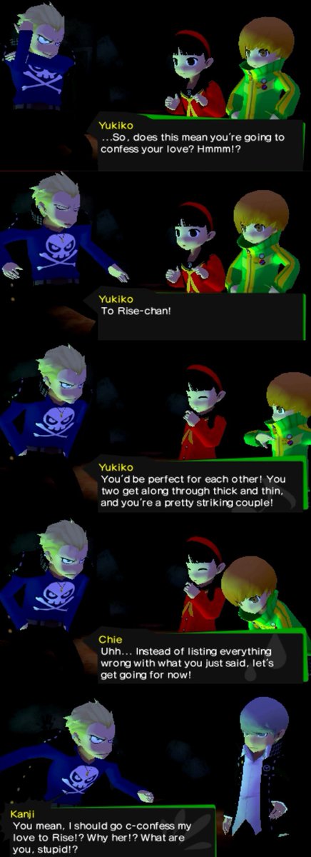 Jikamond's tweet photo. @Sonessed25 (Chie state fact she'd never be into Yosuke and is uncomfortable w/the idea genuinely,in October. It's just uncomfortable. Chie state fact point it's true platonic friendships guys, girls without romance. Yukari state same to Junpei. Yukari,Chie'd rather eat glass,Let's be real). https://t.co/0k27CcYM9H