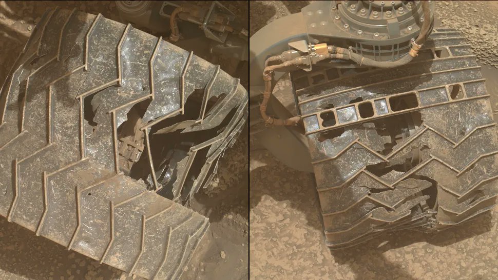 latestinspace's tweet photo. NASA's Curiosity rover recently took close-ups of its broken wheels after nearly 14 years on Mars 😢

The rover has driven over 20 miles across the Red Planet since landing in 2012 https://t.co/4hteYxXNvc