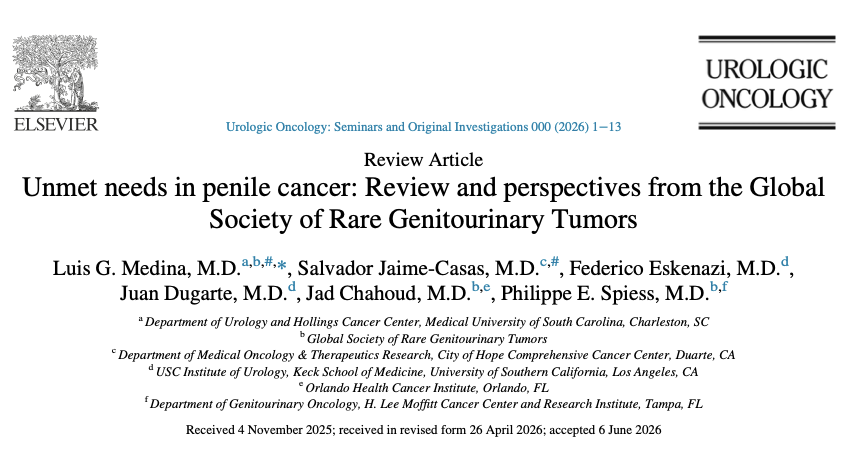LuisMedinaMD's tweet photo. Sharing a new publication in @UrolOncol exploring key gaps in penile cancer care and where the field is headed—from patient advocacy and organ preservation to optimizing surgical management and emerging systemic therapy options.

Thanks to the entire team @SalvadorjcMD @f_eskenazi_MD @jpdugartemd @JadChahoud @SpiessPhilippe  @GTumors 

 https://t.co/QJpTFd4hgC