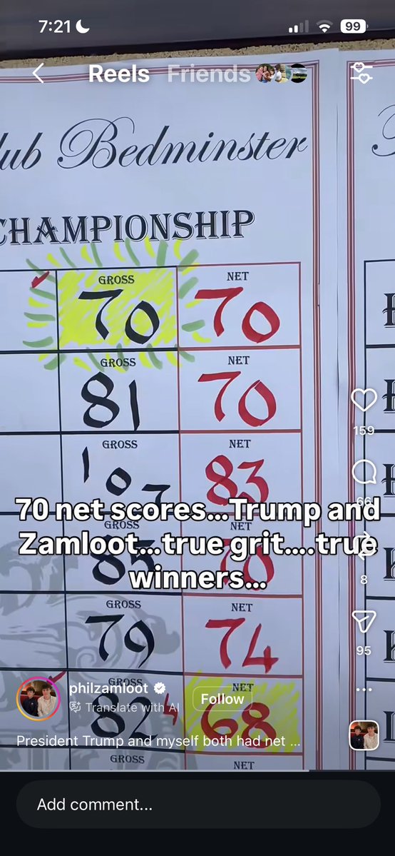 AlexMyers3's tweet photo. So apparently President Trump’s “70” was both gross and net, meaning not only did he shoot “70” at a difficult course (and at 80 years old!), but he was also playing to a course handicap of zero. 😂 👌 https://t.co/9PgK4JdoZC