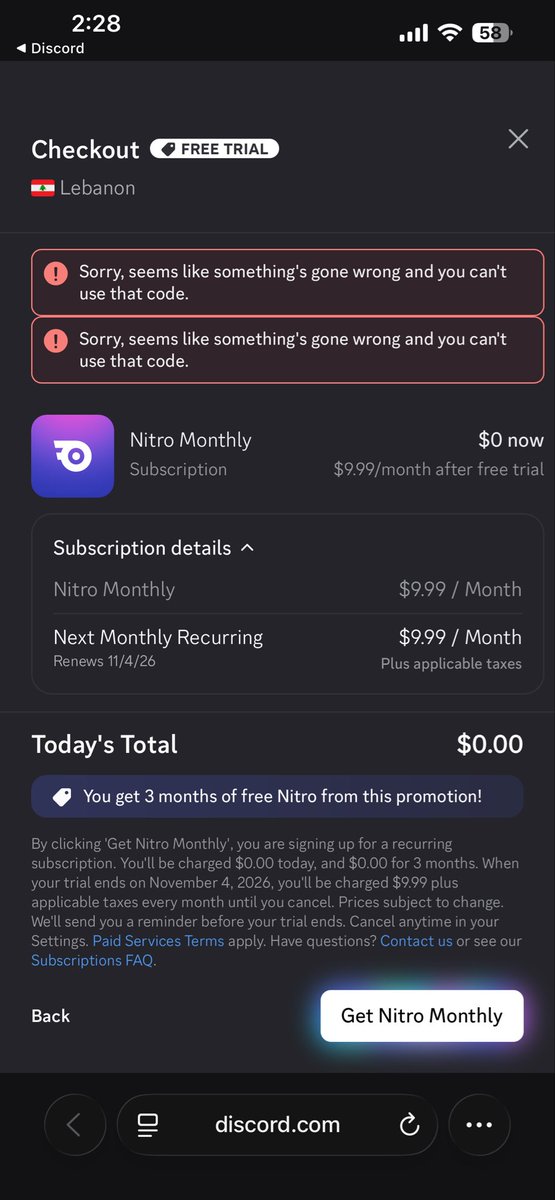 HIGHslamDunker's tweet photo. @discord_support I’m trying to redeem my discord nitro promotion but it’s showing me this, any help? https://t.co/Rv7wDD3hhK