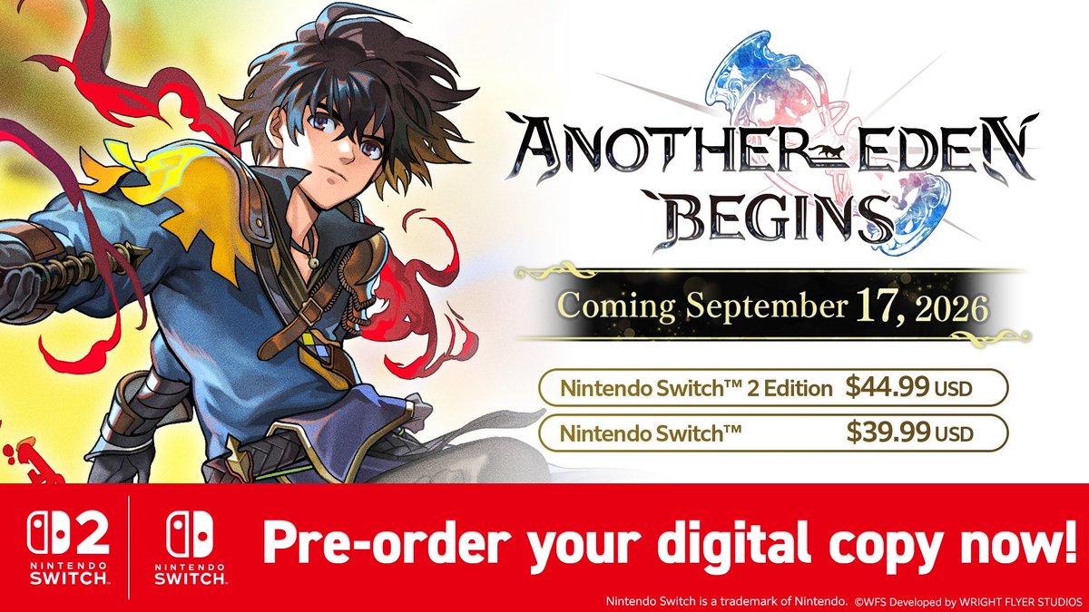 StudioPrisma_EN's tweet photo. Another Eden Begins
Digital pre-orders are available on the Nintendo Store and Nintendo eShop!

Nintendo Switch™ 2 Edition
https://t.co/Yvy8hi6dJt

Nintendo Switch™
https://t.co/XzxaWUiKV5

Pre-order now!

#AnotherEdenBegins https://t.co/KCRSjwcPtX
