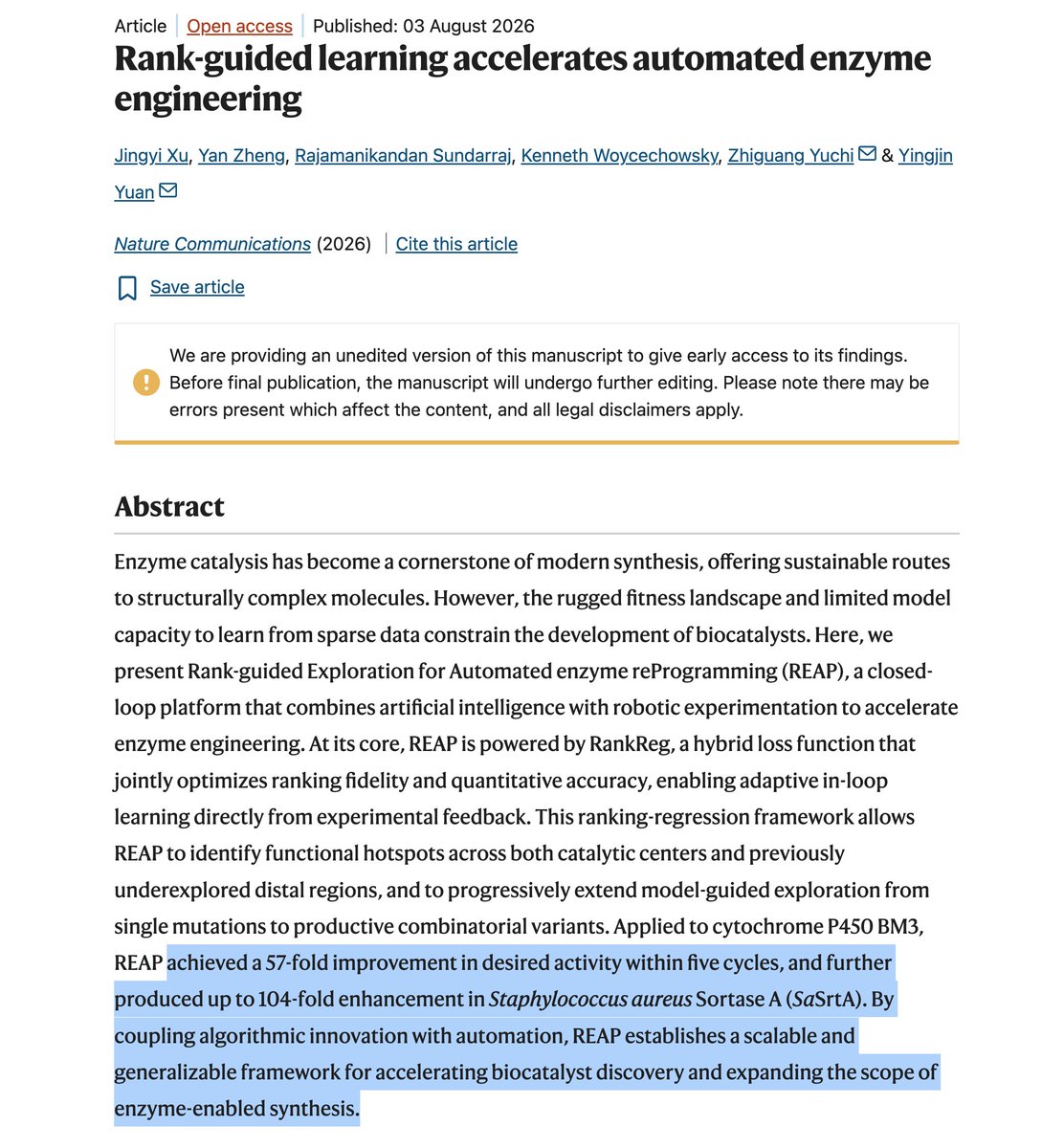IterIntellectus's tweet photo. while people are still talking about AI, we are already getting closed-loop recursive self-improvement in biology.  

a model predicts which mutations could improve an enzyme. an automated laboratory synthesizes, expresses, and assays them. the model learns from the results and repeats the cycle. 

researchers at tianjin university ran just five automated cycles and improved one enzyme 57x and another 104x

self-driving biology is here