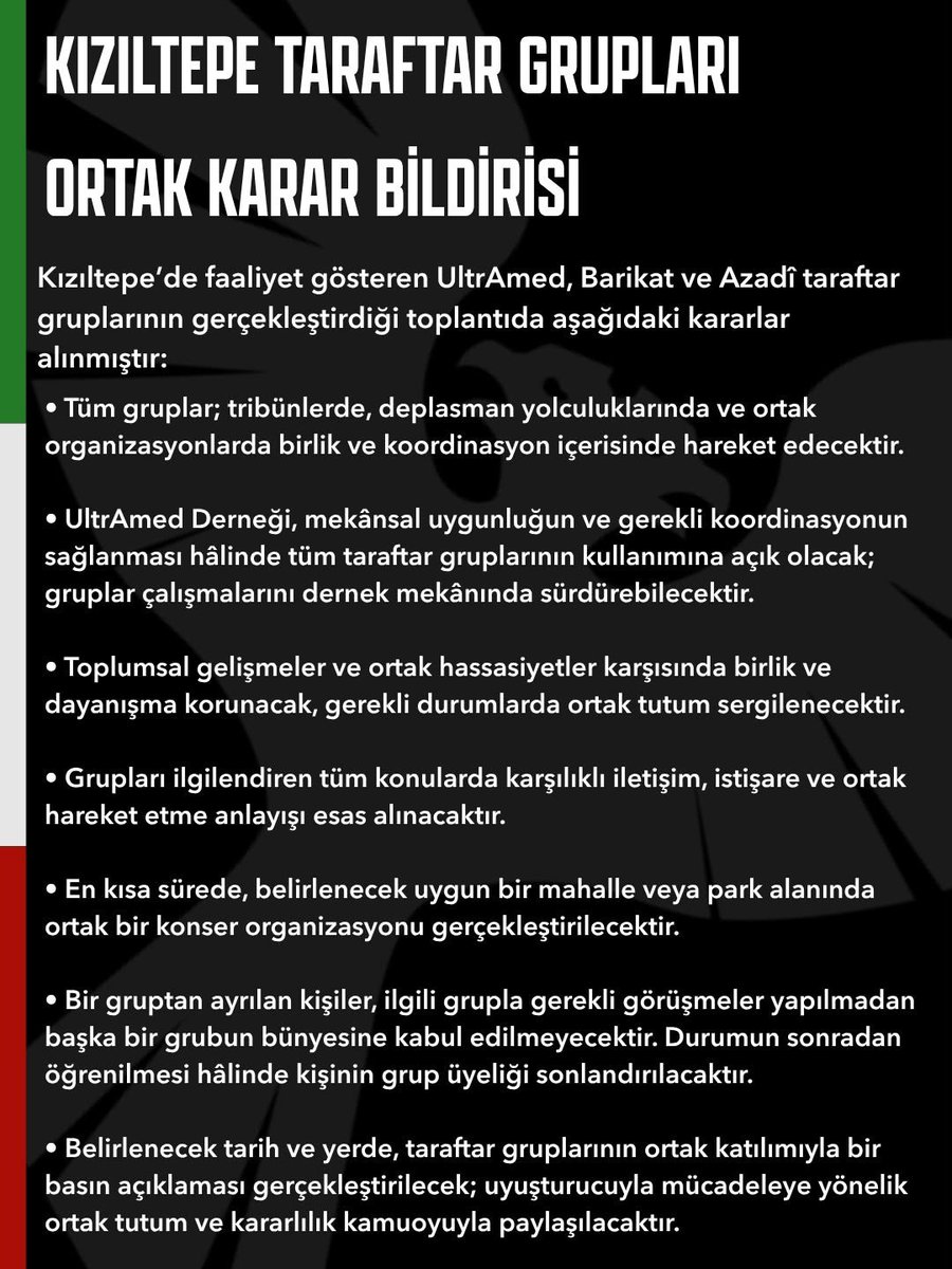 ultramed47's tweet photo. ORTAK KARAR BİLDİRİSİ

Amedspor’un Kızıltepe’de faaliyet gösteren UltrAmed, Barikat ve Azadî taraftar grupları; birlik, dayanışma ve ortak hareket etme anlayışını güçlendirmek amacıyla bir araya gelmiştir. #amedspor https://t.co/izAXTFHPTf
