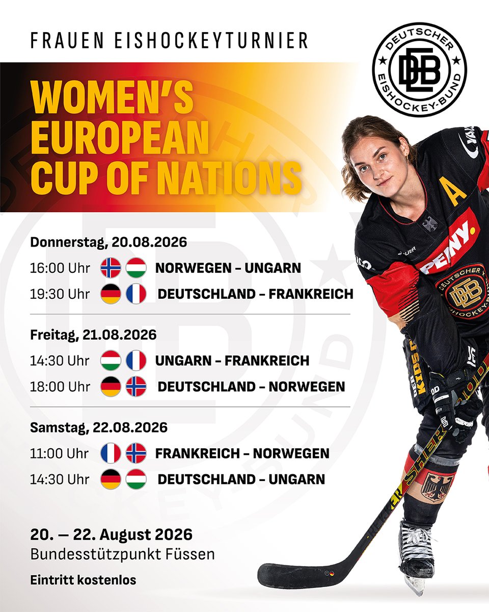 deb_teams's tweet photo. Die Frauen-Nationalmannschaft bestreitet vom 20. bis 22. August 2026 ihre ersten Länderspiele der Saison. In Füssen trifft das Team im Rahmen des Women's European Cup of Nations auf Frankreich, Ungarn und Norwegen. Mehr: https://t.co/NuHK09brUl https://t.co/KHIrOUtS6h