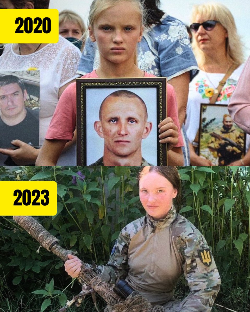 Gyruum's tweet photo. La Russia non ha ancora capito che cosa ha creato. 💔 

Questa è Yaroslava Zhuravel. Nel 2020 era una bambina e stringeva tra le mani il ritratto di suo padre, ucciso nel Donbas. Oggi è una donna e non ha dimenticato. 

La Russia ha cresciuto un’intera generazione di ucraini che ha visto morire i propri genitori, che ha perso la propria casa, la propria città, la propria infanzia. 

Non dimenticheremo mai chi ha portato la guerra in casa nostra. Il Cremlino risponderà dei suoi crimini davanti all'umanità.