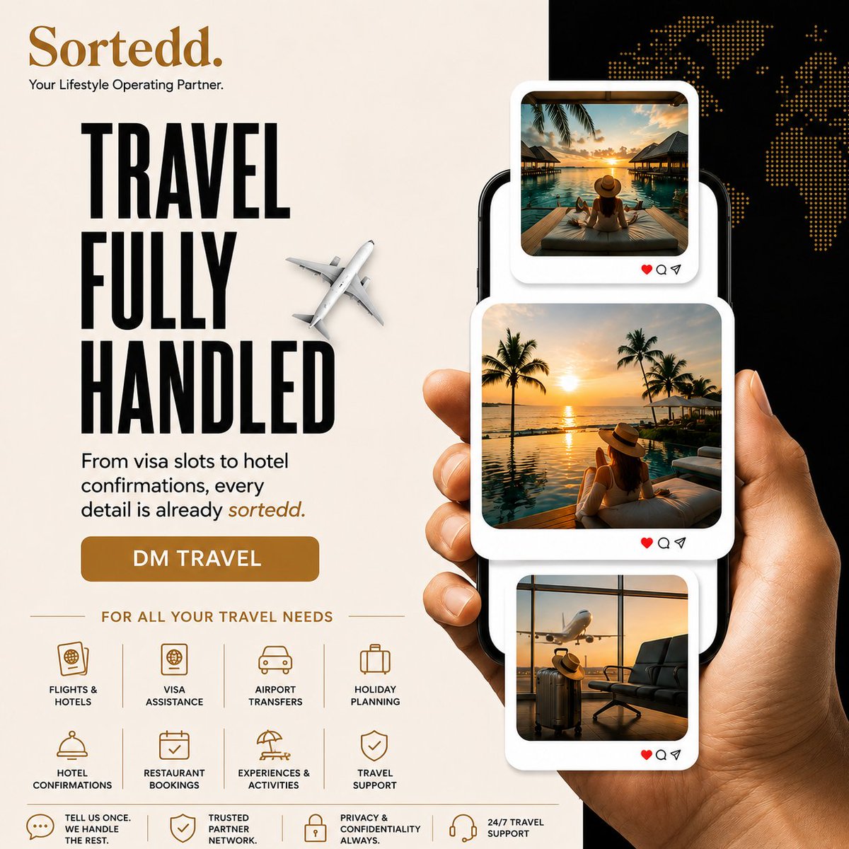 Sortedd_india's tweet photo. Visa slots vanish in fifteen minutes. Hotel confirmations aren't real until someone's called twice.

Travel, fully handled, before you've even packed.

DM TRAVEL.

#Travel #ConciergeService #Sortedd #LuxuryLifestyle https://t.co/DyW5eiPL3h