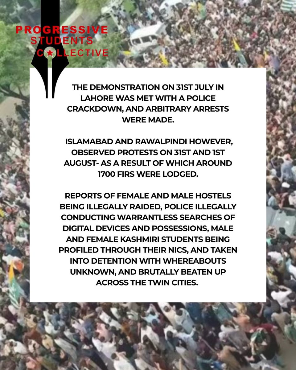 PSCollective_'s tweet photo. Progressive Students' Collective (PSC)'s statement on the crackdown on the protests for Kashmir in Islamabad, and Rawalpindi.

(1/2)

#RightsMovementAJK https://t.co/lWjce82bH0