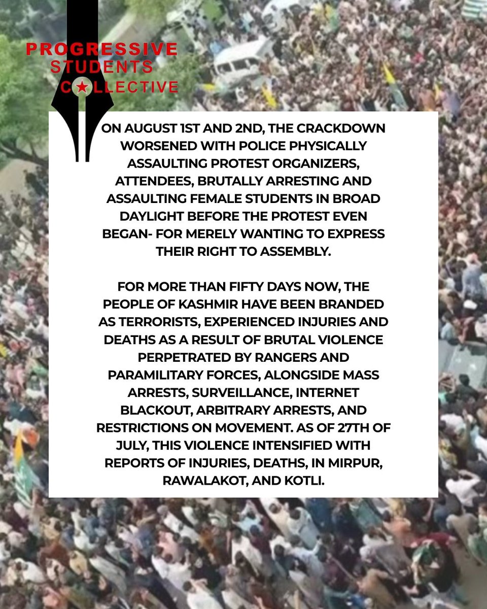 PSCollective_'s tweet photo. Progressive Students' Collective (PSC)'s statement on the crackdown on the protests for Kashmir in Islamabad, and Rawalpindi.

(1/2)

#RightsMovementAJK https://t.co/lWjce82bH0