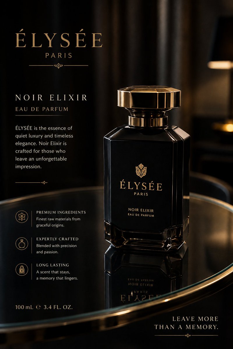 Primecreatives2's tweet photo. Designed a complete luxury fragrance brand concept: ÉLYSÉE Noir Elixir.

From logo design and premium packaging to social media campaigns and retail presentation, every detail was crafted to deliver a world-class brand experience.

ÉLYSÉE https://t.co/ONqoMDxjSn