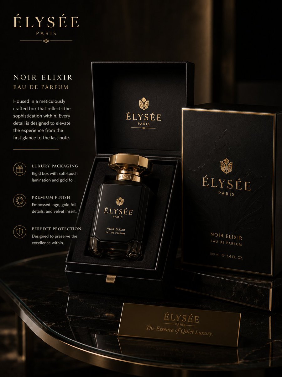 Primecreatives2's tweet photo. Designed a complete luxury fragrance brand concept: ÉLYSÉE Noir Elixir.

From logo design and premium packaging to social media campaigns and retail presentation, every detail was crafted to deliver a world-class brand experience.

ÉLYSÉE https://t.co/ONqoMDxjSn