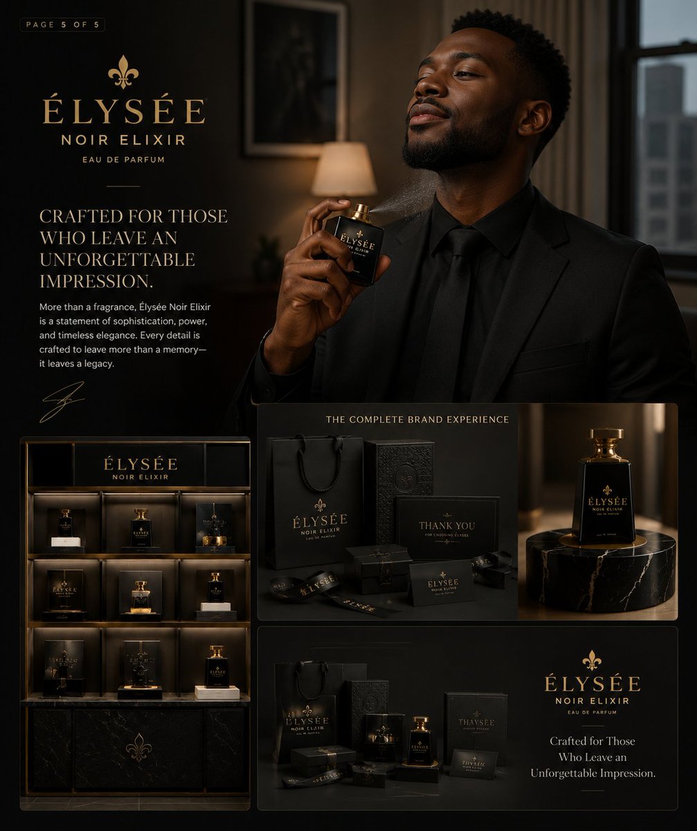 Primecreatives2's tweet photo. Designed a complete luxury fragrance brand concept: ÉLYSÉE Noir Elixir.

From logo design and premium packaging to social media campaigns and retail presentation, every detail was crafted to deliver a world-class brand experience.

ÉLYSÉE https://t.co/ONqoMDxjSn
