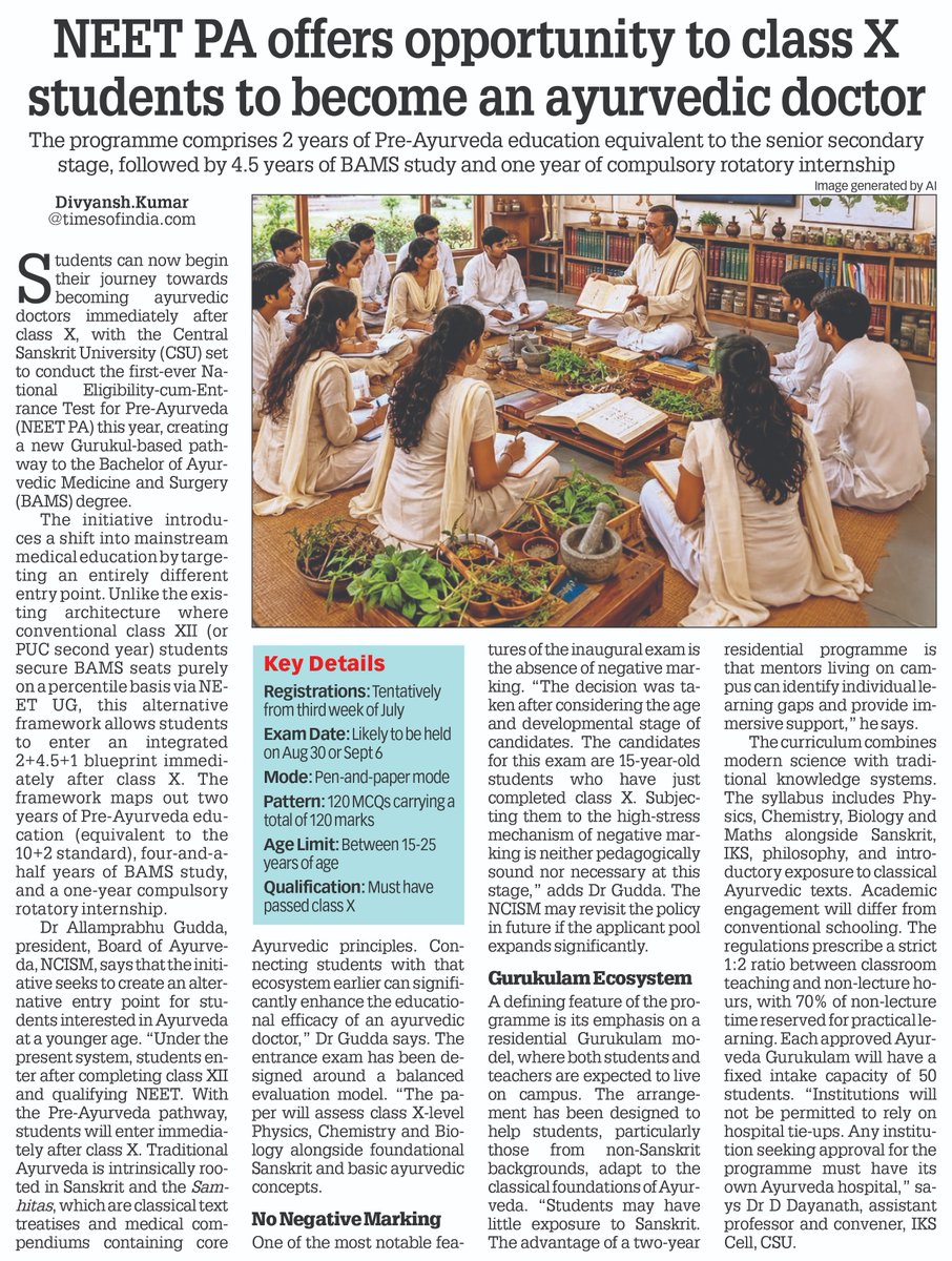 thakur_div01's tweet photo. NEET PA offers opportunity to class X students to become an ayurvedic doctor

Read full story here | https://t.co/Hd7QEIODS9

#NEETPA #Ayurveda #Sanskrit #Doctor https://t.co/x2X2W6TnGt