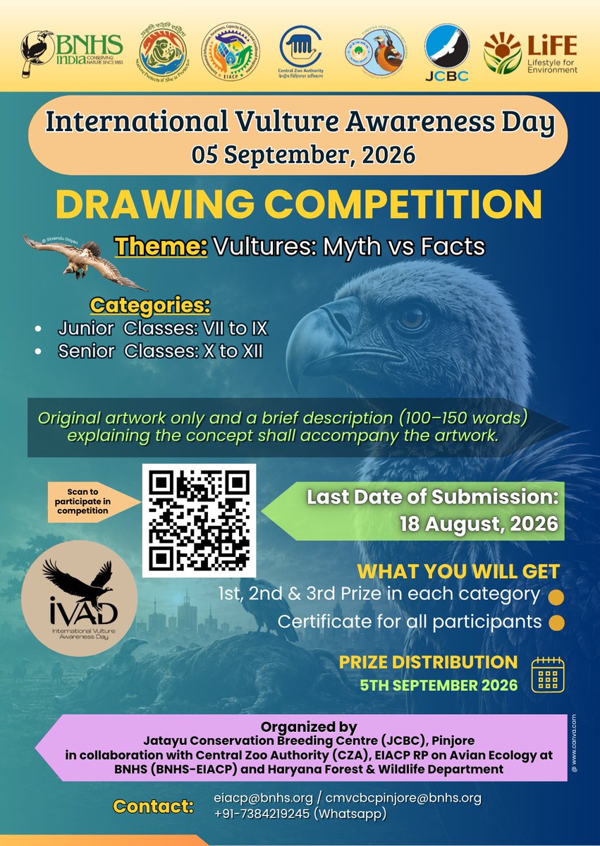 BnhsEnvis's tweet photo. 🎨Drawing Competition – International Vulture Awareness Day 2026
🖍️Theme: Vultures: Myth vs. Fact
🏫Categories: Junior (VII–IX) & Senior (X–XII)
📅Last Date: 18 Aug 2026
🥇Prizes+🎖️Participation Certificate
🔗https://t.co/gbX0qdxNMN
#VultureAwarenessDay #DrawingCompetition #BNHS https://t.co/g77J78T9s3