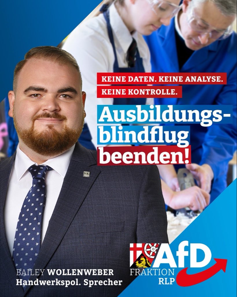 BaileyW_AfD's tweet photo. 🚨 SPD-Minister Ebling regiert die Ausbildungspolitik im Blindflug!

Die Zahl der bestandenen Handwerksprüfungen in RLP ist seit 2018 um über 13 % gesunken. Statt Abschlüsse zu analysieren, feiert die Landesregierung neue Ausbildungsverträge. Ohne Daten keine Lösungen. https://t.co/vwesR3EjFD