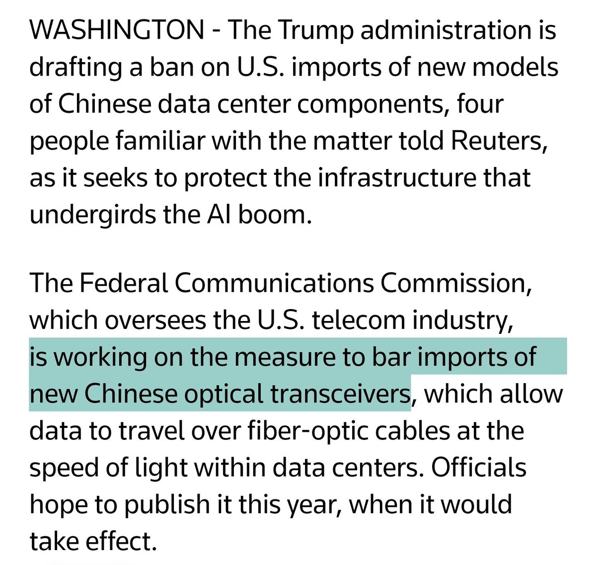 ParadisLabs's tweet photo. Huge news that the Trump administration is looking to ban Chinese transceiver imports.

This intensifies the shortage economics currently seen at $COHR, $LITE and $AAOI. 

Which would mean ASP and margin inflections given that the West can't replace Innolight's volume near-term.

I don't know *if* this Chinese ban actually passes — it will materially weaken the U.S. DC buildout if so.

Also, we're seeing a pretty clear pattern now:
- Chinese drones banned in December.
- Chinese routers (TP-Link) banned in March.
- Chinese power inverters banned last week.

So the FCC is working through the entire Chinese import manifest one by one lol.
