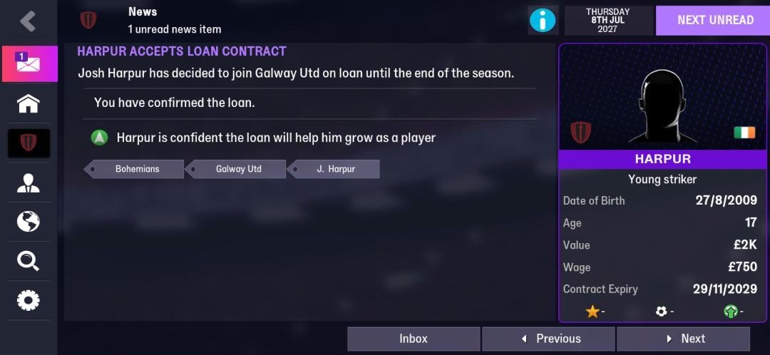 themanagerfm234's tweet photo. Decided to send Josh Harpur out on loan to Galway UTD till the end of the season

Good luck Josh Harpur

#FM26 #FM26MOBILE #BohemiansFC #GamingLife #GamingCommunity https://t.co/Rip0v9jdQy