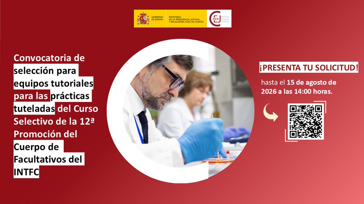 cejmjusticia's tweet photo. 📢 Recuerda que sigue abierto el plazo para la selección de equipos tutoriales de las prácticas tuteladas de la 12.ª Promoción del Cuerpo Especial de Facultativos del #INTCF.

🗓️ Puedes presentar tu solicitud hasta el 15 de agosto a las 14:00 h.

🔗Info: https://t.co/pBd6aj7AEB https://t.co/QlwA6yHFFt