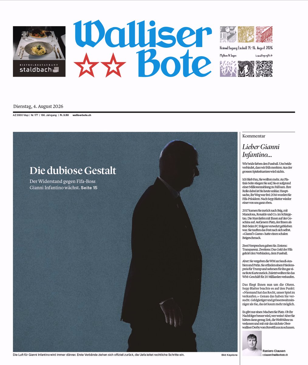 Mark_Balsiger's tweet photo. Das ist die Frontseite des «Walliser Boten» von heute. Keine Zeitung in der Schweiz hat so viel Mut & Kreativität beim Produzieren der Frontseiten.
#PrintLebt, #InfatinoGeht (hoffentlich bald).
@walliserbote #QuaJou #Fifa #Infantino https://t.co/I4k5le87xs