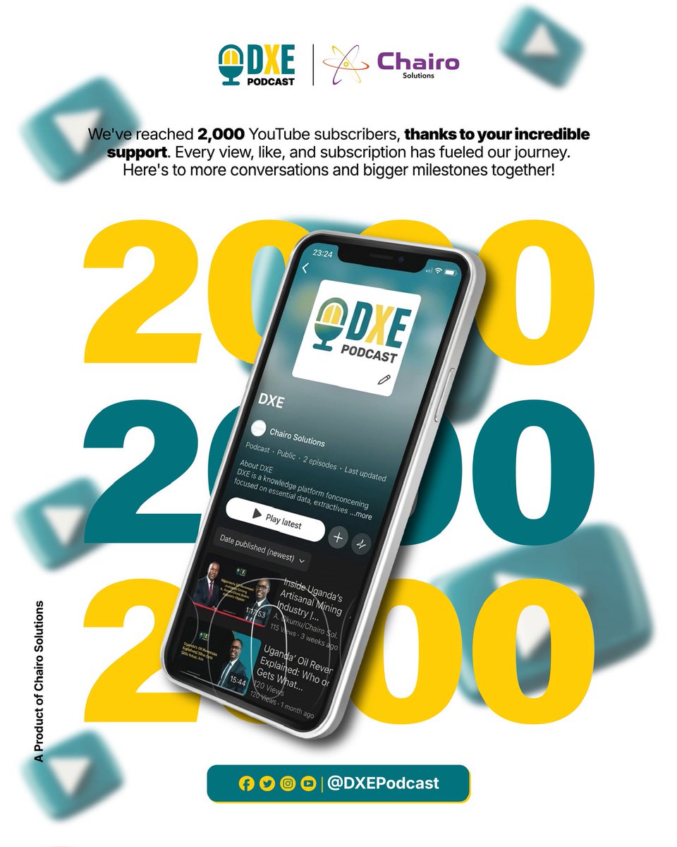 ChairoSolutions's tweet photo. 🎉 We did it 2,000 subscribers! 🎉

Every view, every like, every comment, and every subscription has helped grow the DXE Podcast into a platform for conversations on data, extractives, energy, and innovation.

Thank you for being part of this journey. Here’s to many more insightful discussions and even bigger milestones ahead!

Subscribe if you haven’t already and join the conversation.

#DXEPodcast #2000Subscribers #Mining #OilAndGas #Energy #Data #Innovation #Uganda #Africa #YouTube