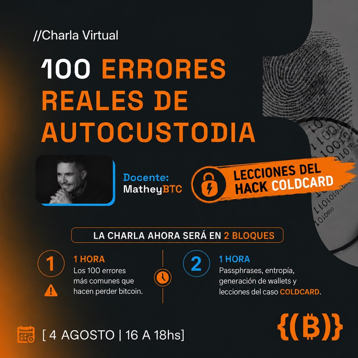 MatheyBTC's tweet photo. 🚀 Abierto: workshop "100 errores reales de autocustodia". 
🗓️ HOY, Martes 4 ⏱️ 16 Horas

Con todo lo que está pasando esta semana: el caso Coldcard.

No existe mejor momento para esto. 
Vamos a identificar los ERRORES que más se repiten.

En la última parte entramos de lleno en passphrase BIP-39: cómo robustecerla de verdad.

🕐 Horarios: 
🇦🇷🇺🇾🇨🇱 16:00 🇵🇾🇧🇴🇻🇪 15:00 
🇨🇴🇵🇪🇪🇨 14:00 🇲🇽 13:00 🇪🇸 21:00

👉 Inscribite: https://t.co/wMp9Z5gfd6
📩 autocustodia@bitcoin.ar