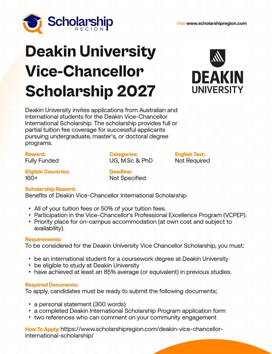 scholarsregion's tweet photo. List of Fully Funded Scholarships for International Students (2026/27) #SRThread
Boston College Gabelli Presidential Scholarship 2026 in United States | Fully Funded
https://t.co/Ans93pkGIj
Deakin Vice-Chancellor International Scholarship in Australia 2027
https://t.co/X0aJjumJhm
University of Milan DSU Scholarship in Italy 2026/27 | Fully Funded
https://t.co/pquGET6m7n
MTN Foundation MUSON Scholarship 2026/27 For Nigerians (Fully Funded)
https://t.co/adqxL0LV1Z
2027 Georgetown University GHD Scholarship in USA | Fully Funded
https://t.co/rNOs0Ad6LF
2026 University of Bologna Scholarships In Italy | Fully Funded
https://t.co/E0ZM5o3Avu
Japan Africa Dream Scholarship 2027 (AfDB-JADS) | Fully Funded
https://t.co/YPmMeGNpCK
AIMS Masters in Mathematical Sciences Scholarship 2026/27 | Fully Funded
https://t.co/AAx9qYSldb
