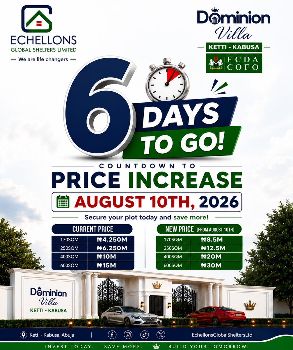 OfficialRPLng's tweet photo. ⏳ Only 6 Days Left!

The countdown to the August 10 price increase has begun.

Secure your plot at Dominion Villa, Ketti–Kabusa today and save more.

📩 Message us now to reserve your plot.

Contact Us for more info

08068163254

#realestate #abuja #investment #trending #land https://t.co/w7ddpihvLp