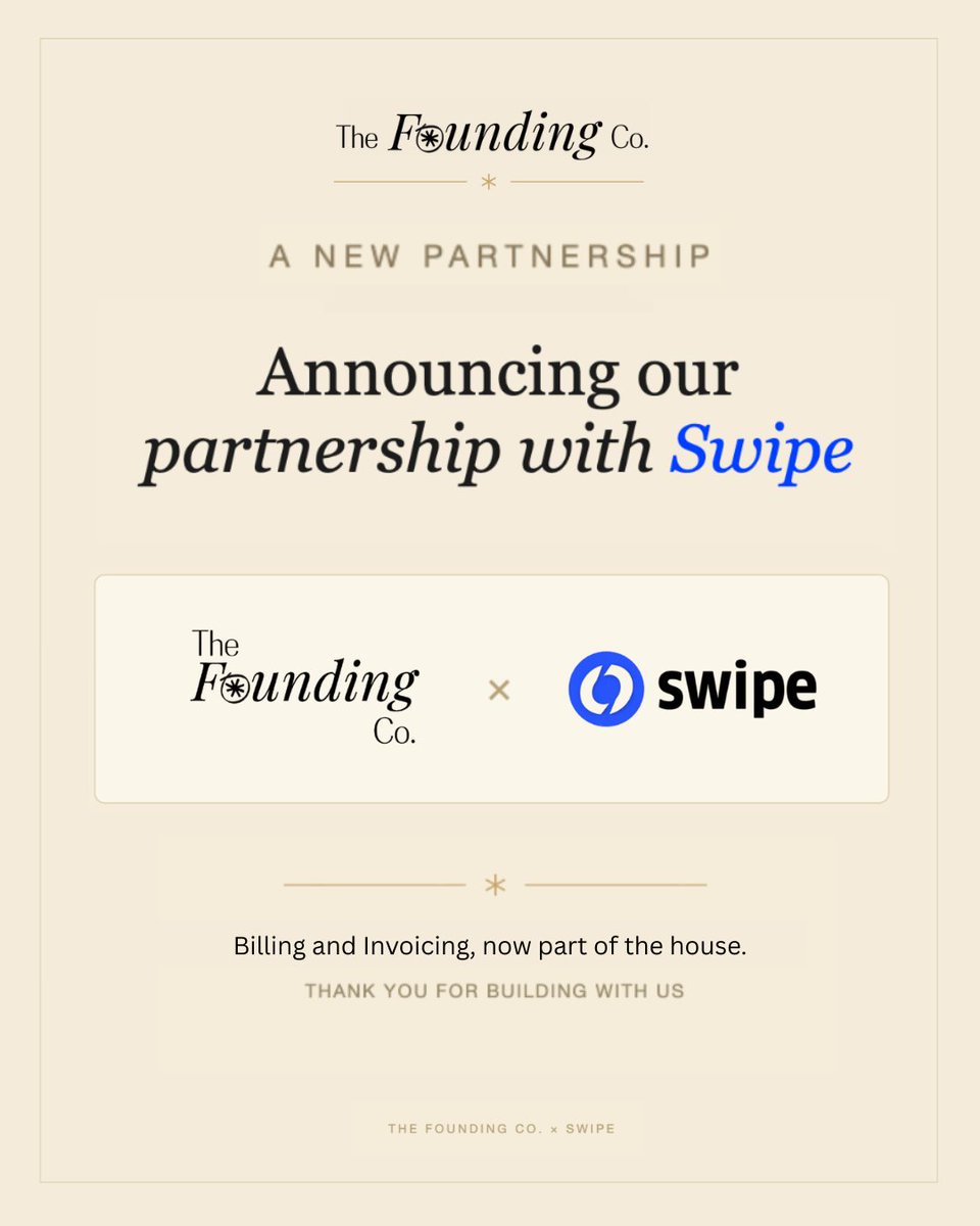 thefoundingco_'s tweet photo. Announcing partnership with @swipebilling.
Billing and Invoicing, now part of the house. https://t.co/XWuyNWHGlU