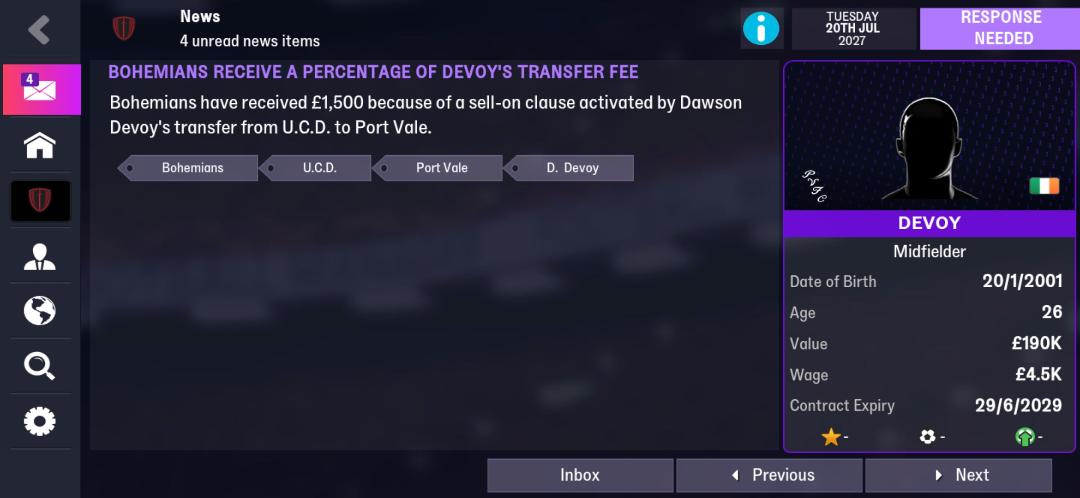 themanagerfm234's tweet photo. Recieved a percentage of Dawson Devoy's transfer fee as Dawson Devoy was sold on by U.C.D to Port Vale FC

#FM26 #FM26MOBILE #BohemiansFC #GamingLife #GamingCommunity https://t.co/ac52kctRtL