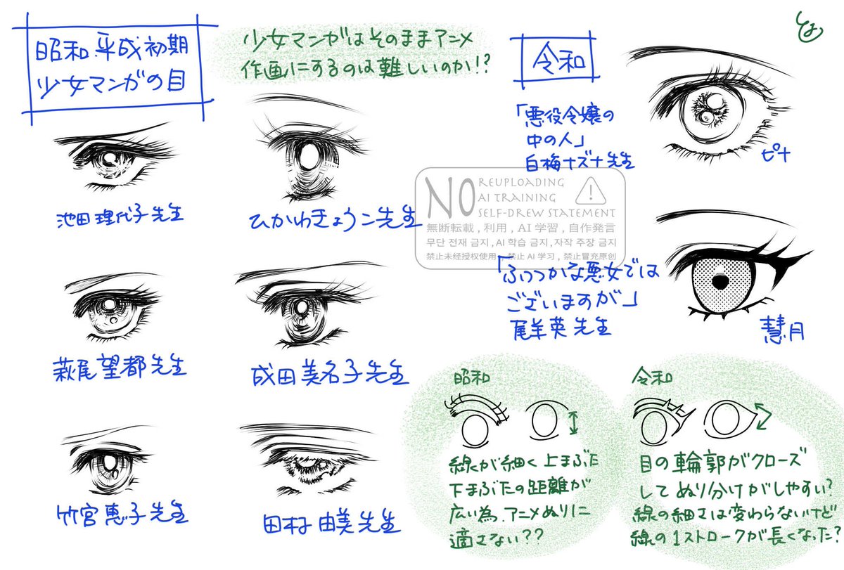 Dawn_646am's tweet photo. LaLa展行って少女漫画の目って歴史あるよなーとしみじみしまして、だいぶ偏ってますがツラツラと少女漫画がアニメ化に向かない理由の一部を考えてみました。
今の絵はだいぶ最初からアニメ寄りになったのかなーとか。
あくまで私視点です。 https://t.co/kGbVD1CdLx