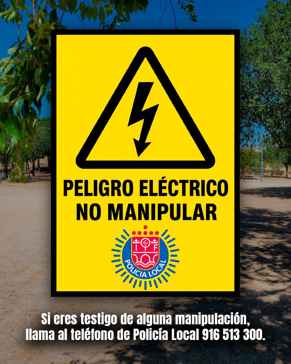 policiadesanse's tweet photo. ⚠️ Manipular un cuadro eléctrico como los del campo de fútbol de la calle Teide pone en riesgo tu vida y la de los demás. Una descarga o un incendio pueden tener consecuencias muy graves. 

Recuerda: la manipulación será denunciada.

📞 Si eres testigo llámanos al 916 513 300. https://t.co/RwOj81XA0O