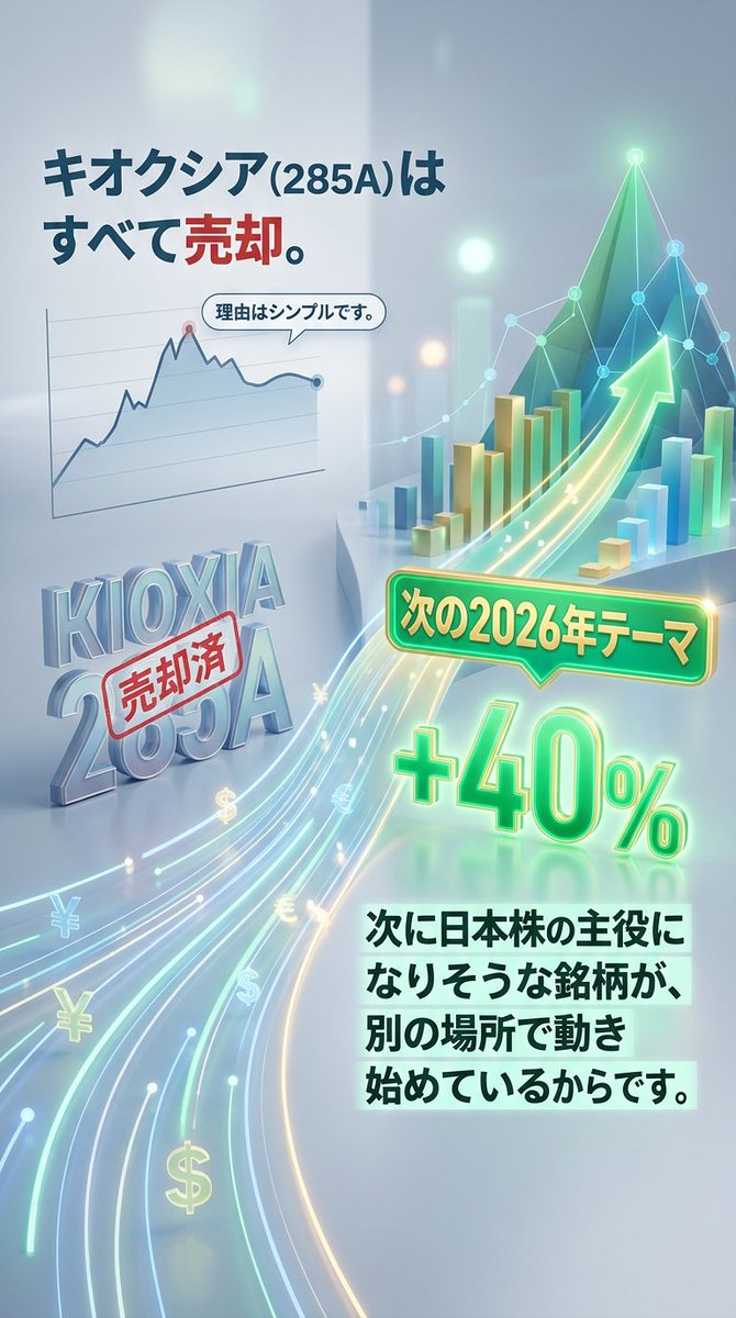 fernandogoh's tweet photo. キオクシアを大きく買い増す人がいる一方で、
私は次の2026年テーマを見ています。

キオクシア（285A）はすべて売却。

理由はシンプルです。

次に日本株の主役になりそうな銘柄が、
別の場所で動き始めているからです。 https://t.co/td95NRMYOE