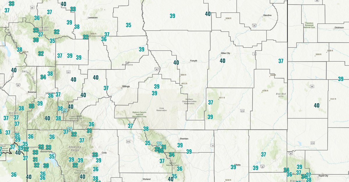 NWSBillings's tweet photo. 8/4 545am: Low temperatures in the 30s are expanding coverage as the sun rises this morning. Hardin and Harlowton are now in the 30s. Baker has dropped 2 degrees in the past 15 minutes to 37 degrees. Bundle up this morning heading to work. #MTwx #WYwx https://t.co/8xEpwri5ow