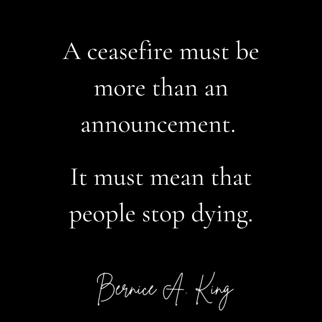 BerniceKing's tweet photo. What we call peace must be measured by what people experience, not by what leaders announce.

The deadly Israeli strikes in Gaza this weekend killed Palestinians, including children, even as efforts toward a ceasefire were being announced. Their lives cannot be reduced to collateral damage or treated as an acceptable cost of negotiations.

Nonviolence requires more than words. It requires the protection of human life, accountability for harm, adherence to ceasefire commitments, and the courage to stop the violence.

I am calling for an end to the strikes, protection for civilians, and a just peace rooted in the equal dignity and value of every human life.

We cannot create the Beloved Community while people continue to be killed.

#Gaza #CeasefireNow #Nonviolence365 #HumanDignity #BelovedCommunity