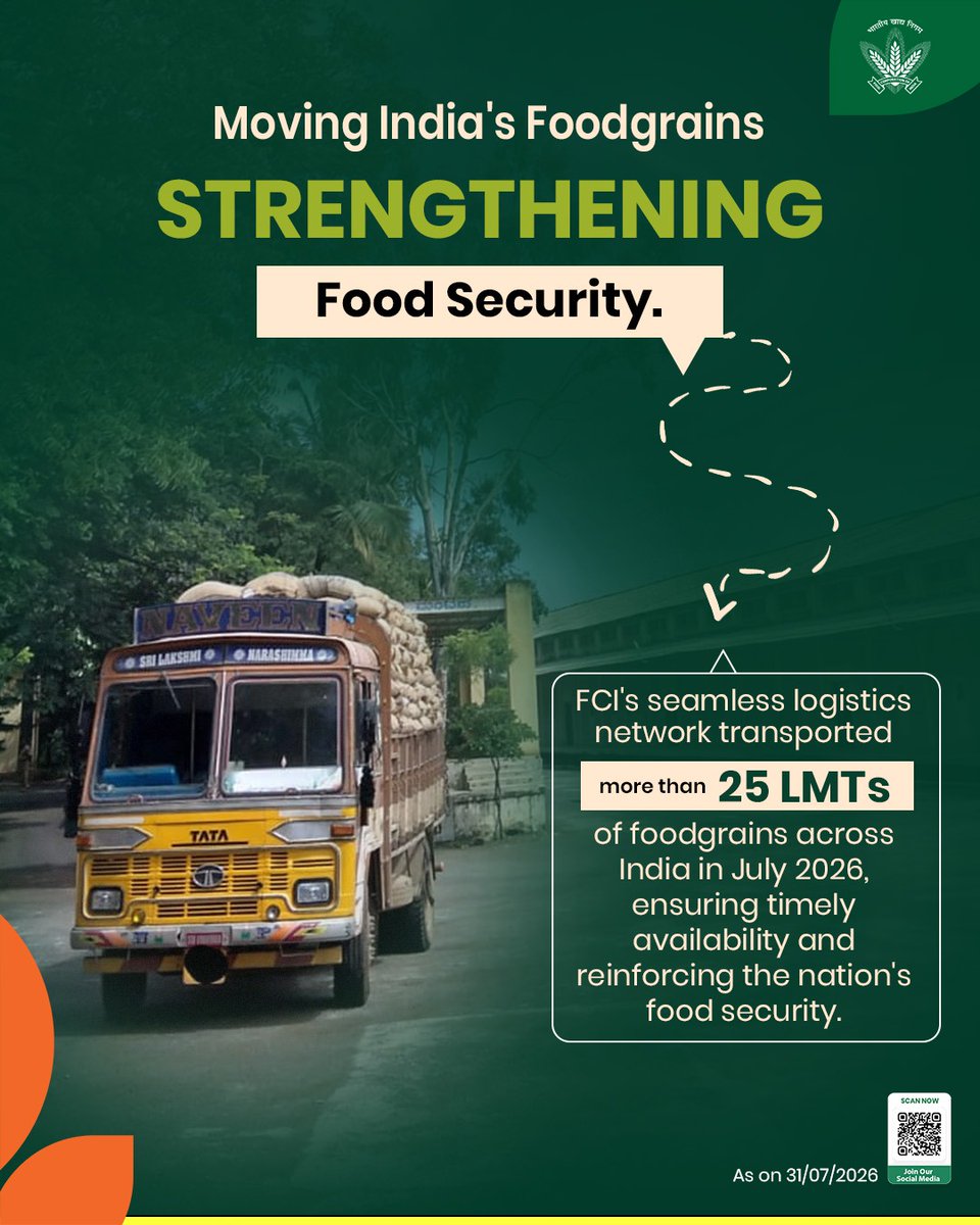 FCI_India's tweet photo. Every successful journey of foodgrains is a step towards a stronger, food-secure India. Through an efficient logistics network, FCI continues to connect farms to families, ensuring the nation's food supply remains uninterrupted.

@mygovindia @fooddeptgoi @PIB_India @JoshiPralhad
@Nimu_Bambhaniya @blvermaup
#FCI #FoodSecurity #Logistics #NationBuilding #India