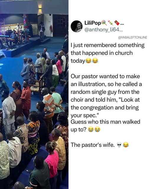 yabaleftonline's tweet photo. Man shares hilarious moment choir member pointed at pastor’s wife after being asked to pick his spec. https://t.co/vJeFQ7nzdD