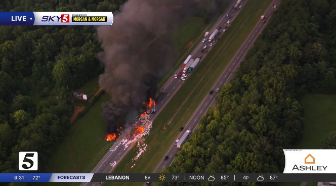 TonySloanTV's tweet photo. BREAKING: Sky 5 is showing a huge accident on I-65 and Bethel headed north. A semi is on fire. This is near the Goodlettsville area. No word on injuries. North bound lanes are completely closed. https://t.co/q5Uwza7nKW
