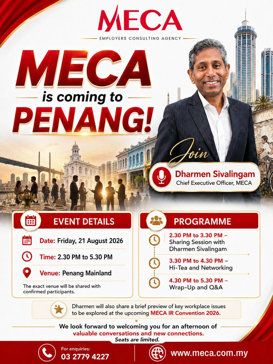 Meca_IR's tweet photo. MECA On The Road Is Coming to Penang!

Join Dharmen Sivalingam for practical workplace insights, meaningful conversations, and networking.

This event is open to MECA Members &amp; non-members.

Seats are limited. Register here:: https://t.co/vdlmo5PFl6

#MECA #MECAOnTheRoad #Penang https://t.co/XQ8RXzYHba