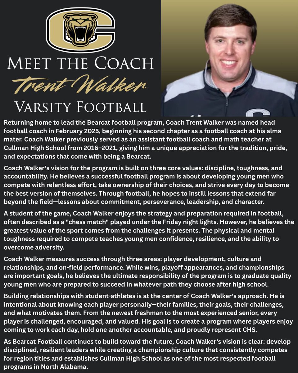 CullmanCats's tweet photo. “Meet the Coach” - Trent Walker, Head Coach of the CHS Football team. @tuggle_allison @Bearcat_ATH @BOECullmanCity @chsuser @AHSAAnow @ahsaaradio @kkallhoff @CullmanTribune @CullmanTimes1 @MyCullmanTV @CullmanFB @AlabamaHSFB @AL6AFootball #BearcatNation https://t.co/AodHNlsVXz