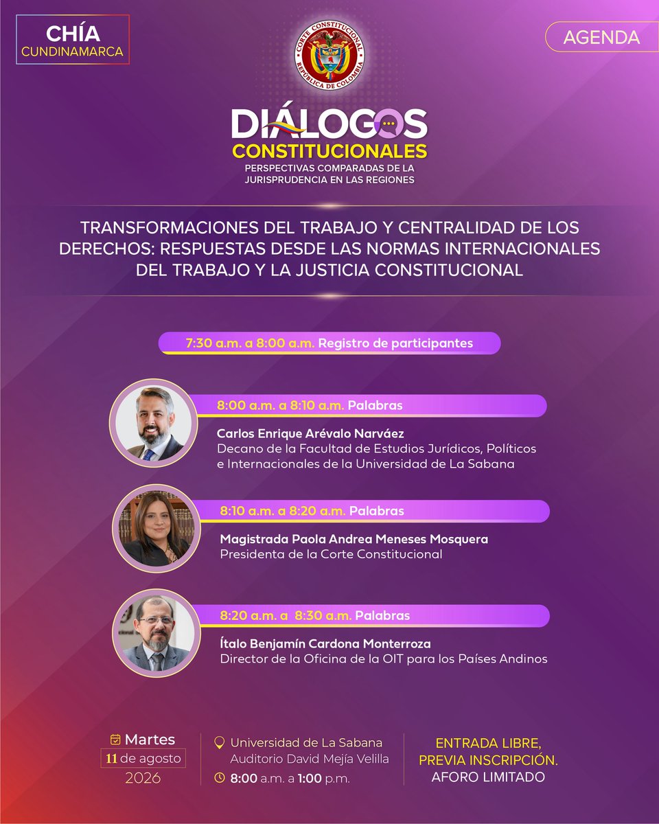 CConstitucional's tweet photo. Entrada libre, previa inscripción: https://t.co/86HnWv44pT

La Corte y la OIT dialogarán sobre igualdad en la era digital, normas internacionales del trabajo y consulta previa en la @Unisabana.

📅 11 de agosto
📍 U. De La Sabana
Cupo limitado.

Boletín: https://t.co/YA5Zttudsw https://t.co/BC3KMrYi8X