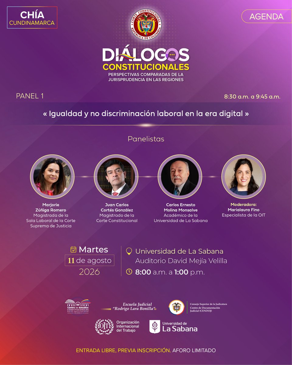 CConstitucional's tweet photo. Entrada libre, previa inscripción: https://t.co/86HnWv44pT

La Corte y la OIT dialogarán sobre igualdad en la era digital, normas internacionales del trabajo y consulta previa en la @Unisabana.

📅 11 de agosto
📍 U. De La Sabana
Cupo limitado.

Boletín: https://t.co/YA5Zttudsw https://t.co/BC3KMrYi8X