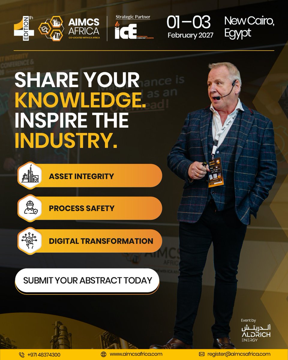 AIMCSAFRICA's tweet photo. 📢 Call for Abstracts is now open for #AIMCSAfrica2027!

Share your expertise in Asset Integrity, Inspection, NDT, Corrosion, Digital Transformation, Predictive Maintenance &amp; Process Safety.

🔗 https://t.co/gVTEtRjNeZ https://t.co/wiryKHUcG3