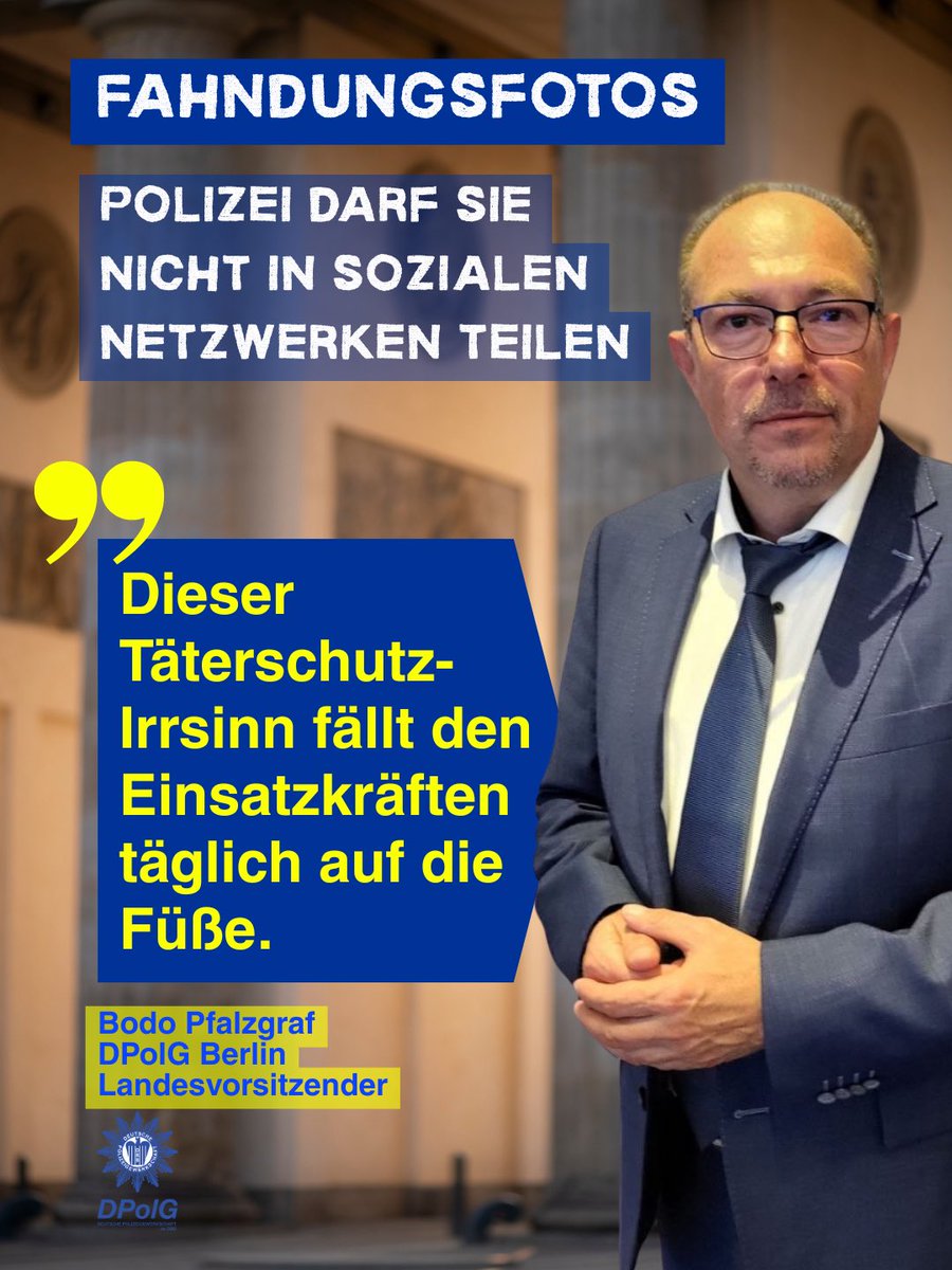 DPolGBerlin's tweet photo. 🚨 Maximale Reichweite für Terrorfahndungen! Wir fordern praxistaugliche Regeln für digitale Öffentlichkeitsfahndungen.  Fahndungsfotos müssen direkt über die offiziellen Social-Media-Kanäle der @polizeiberlin veröffentlicht werden können. ➡️ https://t.co/NvjhekX912 https://t.co/sxuBCCiKfR