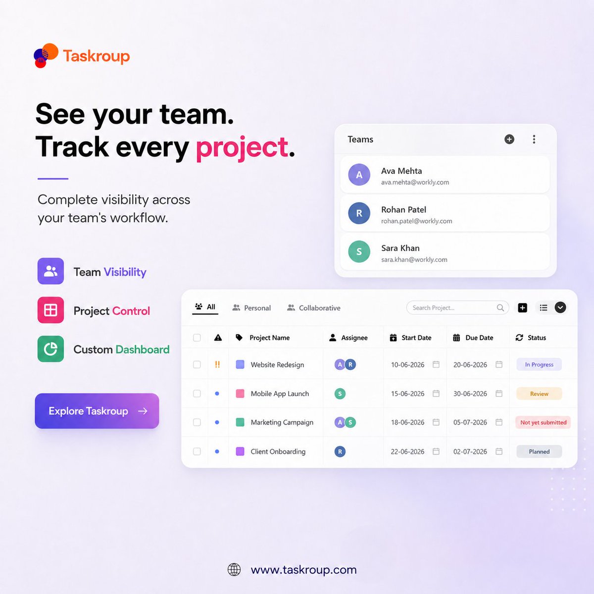 taskroup's tweet photo. 🚀 See Your Team. Track Every Project.

With Taskroup, get complete visibility into your team’s workflow, track project progress, assign tasks, and stay connected — all in one powerful workspace.

Sign Up: https://t.co/BGP3eOlXp3

#taskroup #taskmanagement #projectmanagement https://t.co/SoHQ1aDCRb