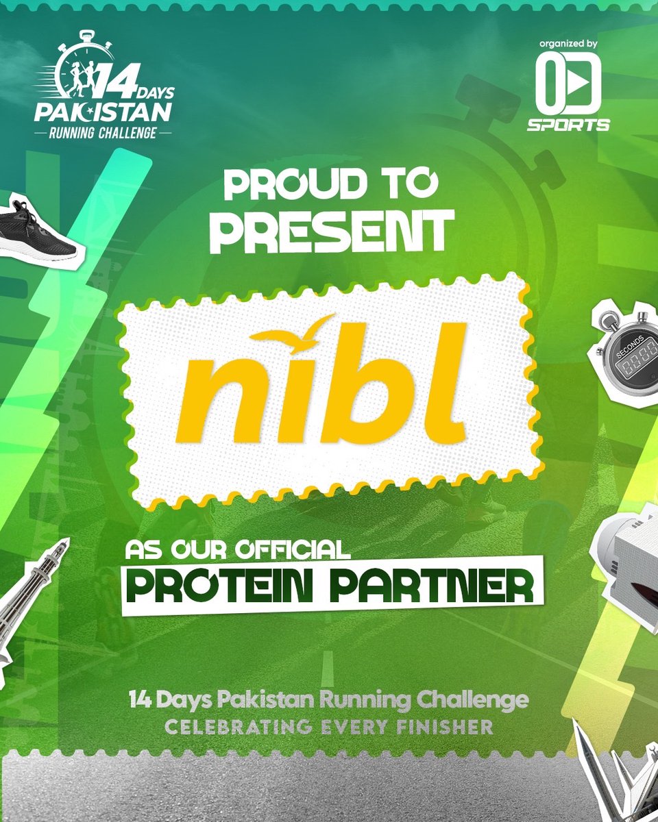 OdSportspk's tweet photo. We're excited to announce NIBL as the Official Protein Partner of the 14 Days Pakistan Running Challenge.
As part of this partnership, NIBL will be adding a special touch to our finisher rewards.
#14DaysPakistanRunningChallenge #ODSports #NIBL https://t.co/mz0nMS3qEP