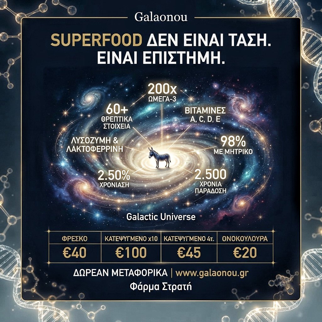galaonou's tweet photo. Superfood; Όχι τάση — επιστήμη. 🔬💛

🥛 Γάλα γαϊδούρας:
200x Ω-3 | 60+ θρεπτικά
Βιτ. A,C,D,E | 98% = μητρικό

🥛 €40 | ❄️ x10 €100 🏆
🚚 Δωρεάν Αττικής
🌐 https://t.co/7mpwxp3IM0

✅ ή 🆕 — το ήξερες;

#Superfood #DonkeyMilk #FarmaStrati #Galaonou https://t.co/y9Oo2NbAHP
