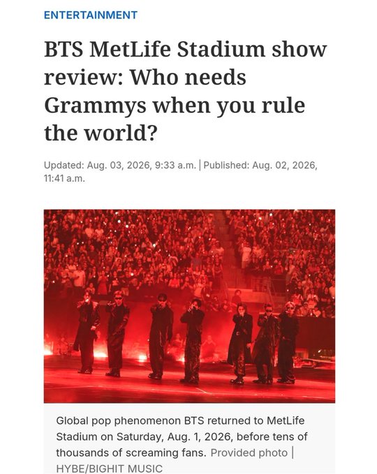 WORLDMUSICAWARD's tweet photo. NJ .com's review on #BTS' sold out show at the MetLife Stadium in New Jersey:  "Who needs Grammys when you rule the world? BTS doesn't need a Grammy - they already have the world?"💪🐐👑💜❤️‍🔥 

#BTS_WORLDTOUR_ARIRANG #BTS_WORLDTOUR_ARIRANG_NA #BTS_WORLDTOUR_ARIRANG_EASTRUTHERFORD https://t.co/ATe7Z448H3