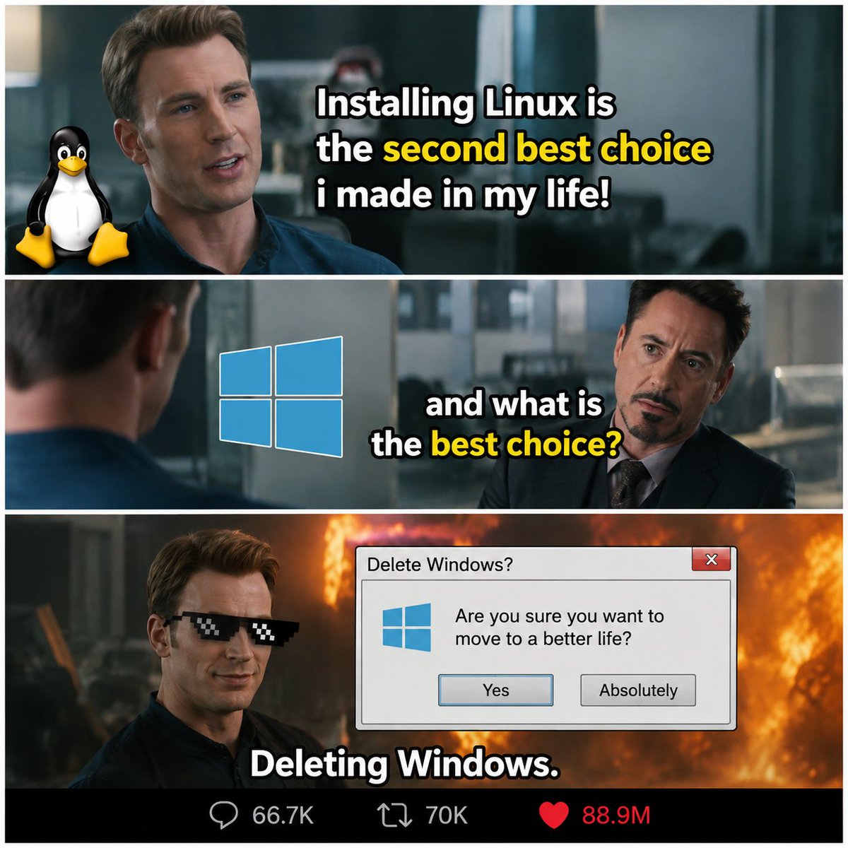ShivamRdeo's tweet photo. This meme has started wars before. 😂
Which OS are you defending with your life?
🐧 Linux
🪟 Windows
🍎 macOS
No neutral answers. 👇 https://t.co/TF9srdla0X