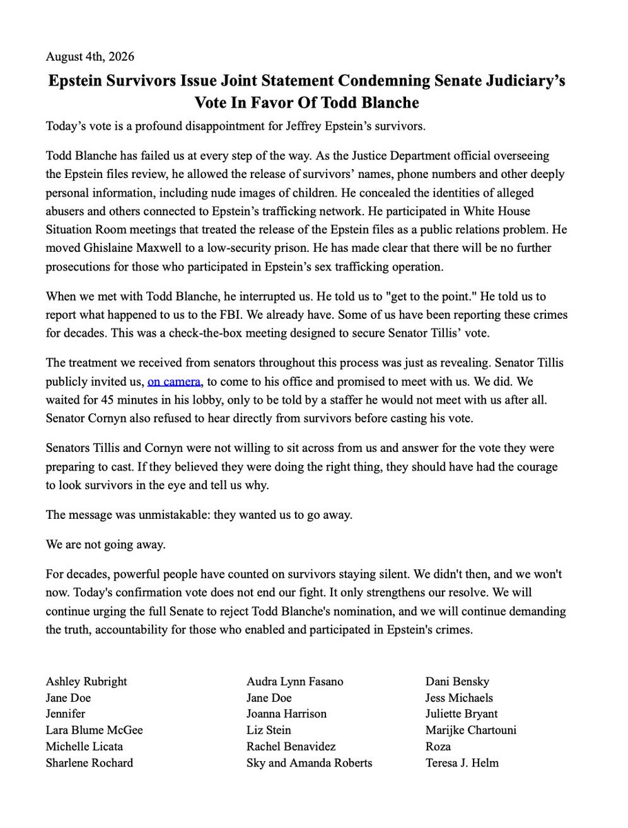 AaronParnas's tweet photo. 🚨 Epstein survivors release powerful statement ahead of Todd Blanche's confirmation vote today.

Senator Tillis and Cornyn refused to sit down and meet with them. 

"The message was unmistakeable: they wanted us to go away. We are not going away." https://t.co/3TfpXombCa